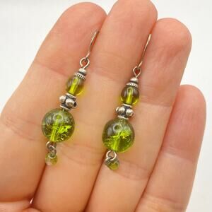 Vintage 925 Sterling Silver Green Peridot Bead Earrings Dangle Drop Boho Style